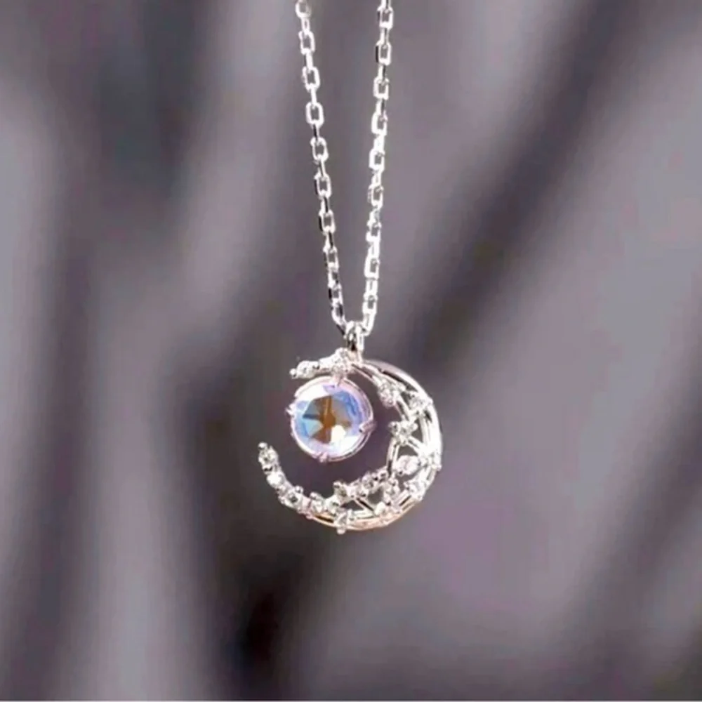 Silver Crescent Moon Pendant Necklace
